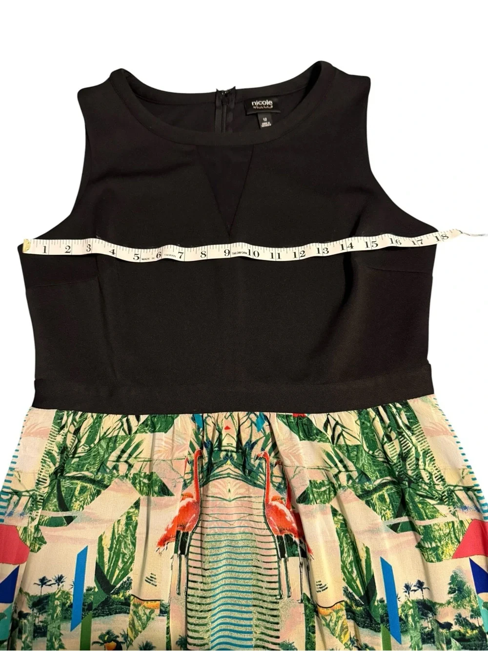 Nicole Tropical Flamingo Print Black Bodice Sheer Panel Sleeveless Maxi Dress